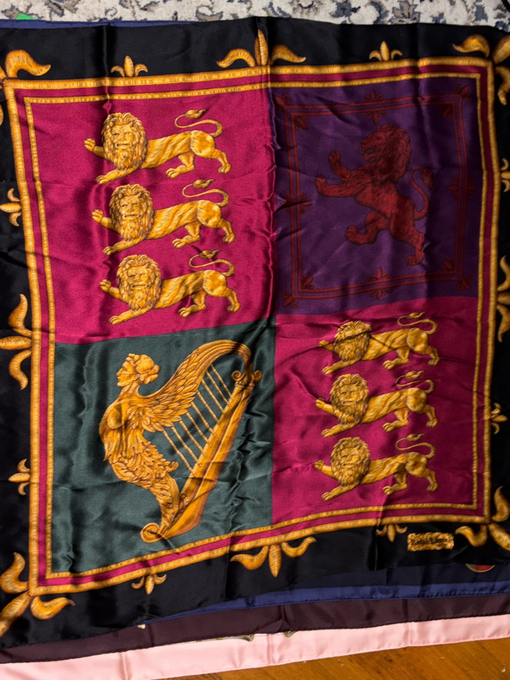 Luxury Gold-Accent Silk Scarf in Burgundy, Purple, Black - Unbranded
